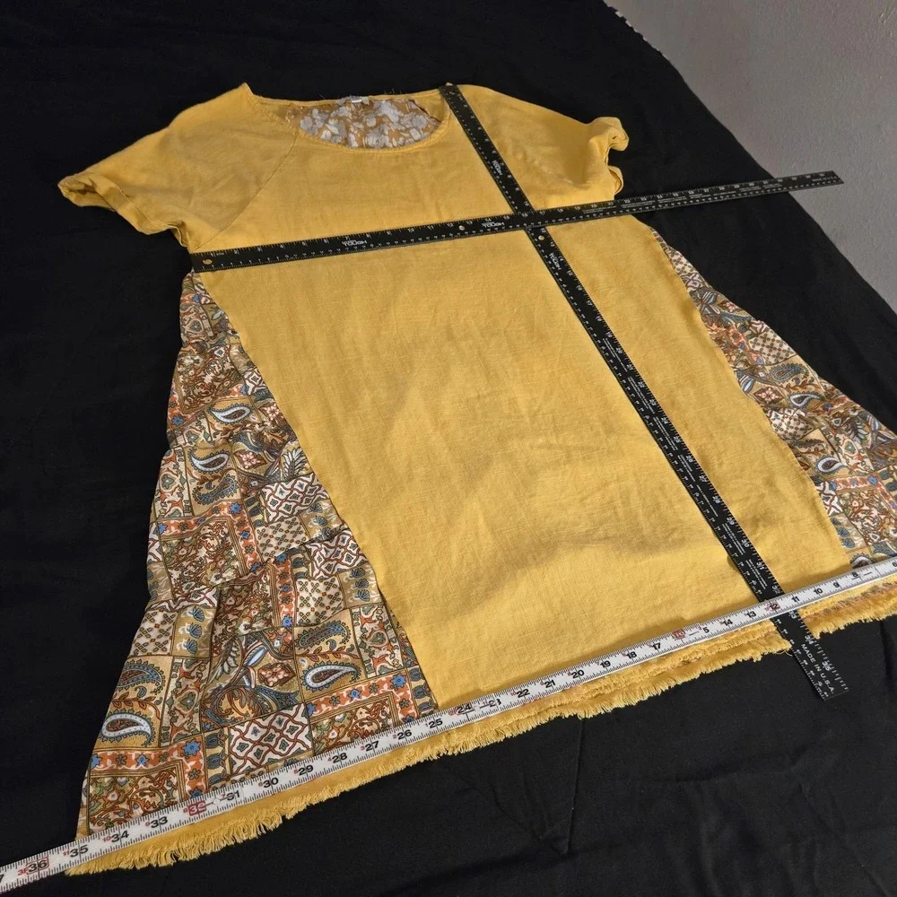 Umgee Dress Womens Large‎ Yellow Patchwork Boho Trapeze Short Sleeve Fringe Hem